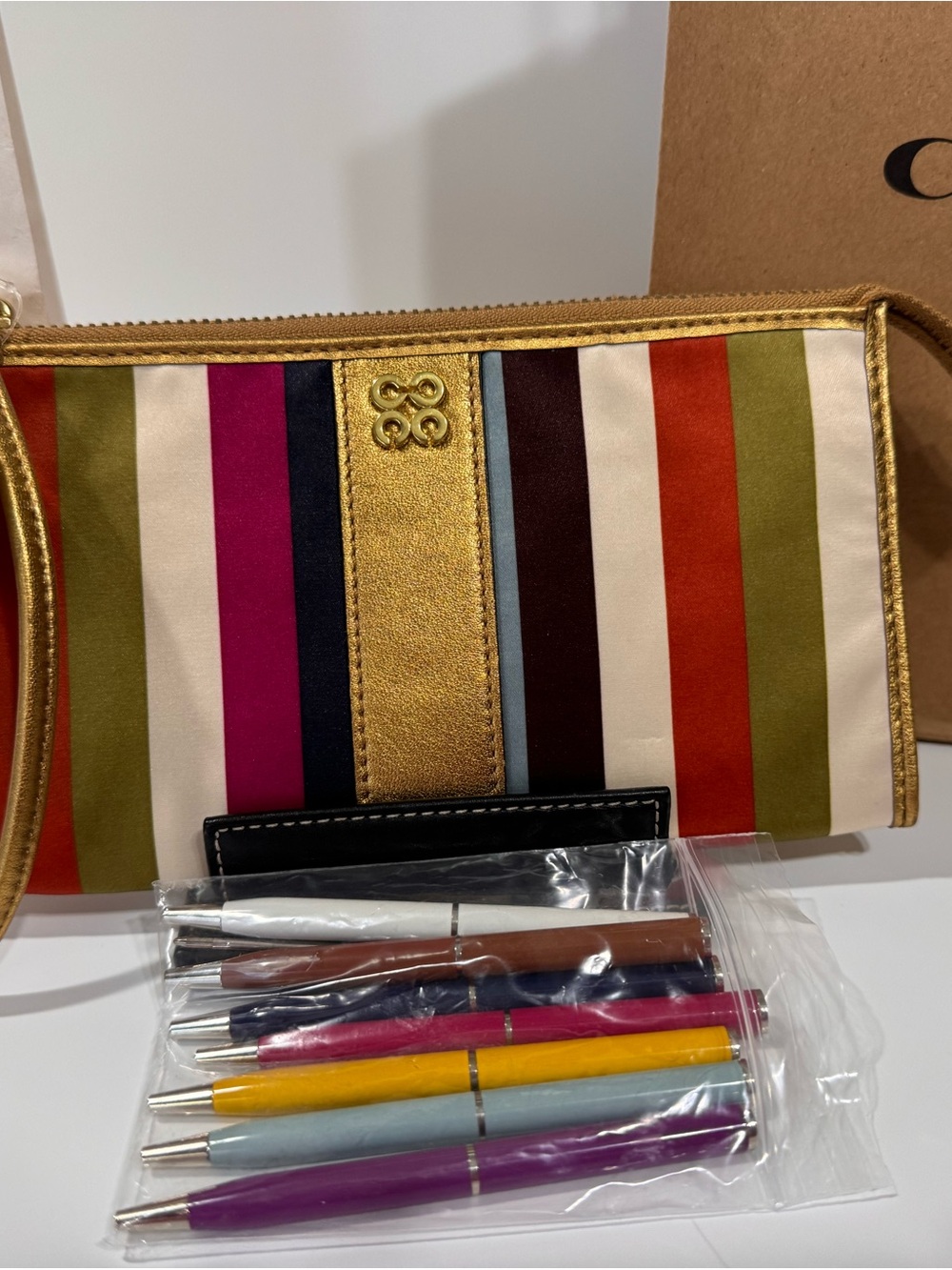 Coach Julia Legacy Stripe wallet Wristlet with Coach Legacy pen set